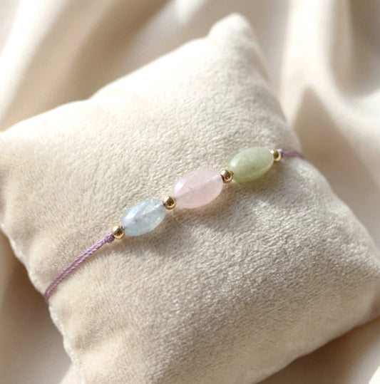 Aventurin–Rosenquarz–Aquamarin Armband – Handgefertigter Naturstein-Mix auf Seidenfaden