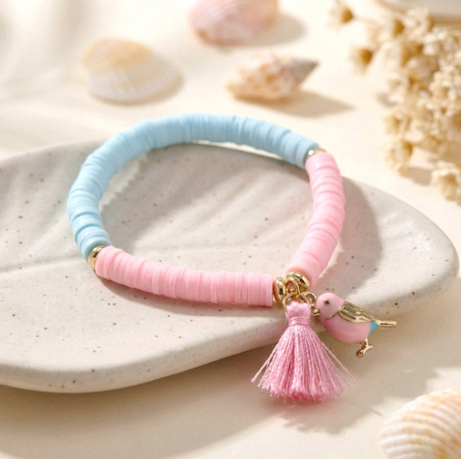 „Vogel II“ – Rosa-Blau Katsuki Armband mit Quaste | Handgefertigtes Perlenarmband