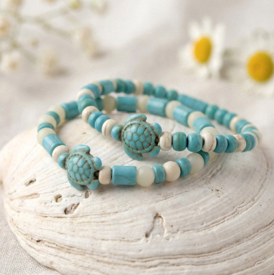 Türkis Naturstein Armband mit Schildkröten-Charm – Handgefertigtes Meeresdesign