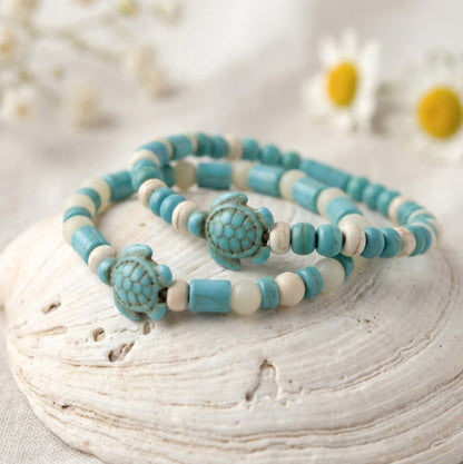 Türkis Naturstein Armband mit Schildkröten-Charm – Handgefertigtes Meeresdesign