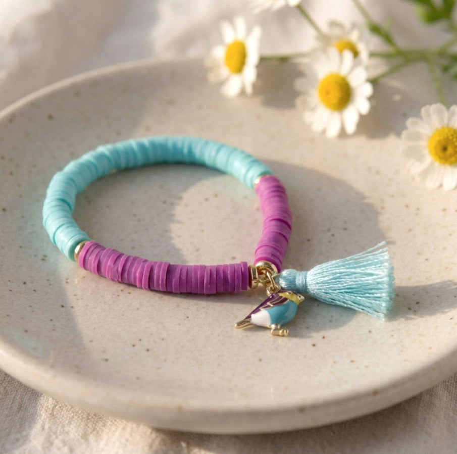 Lila-Türkis Katsuki Armband mit Vogel-Charm – Handgemachtes Polymer Clay Armband