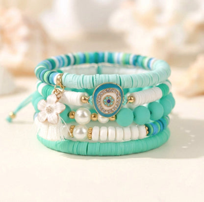 Türkis-Weiß Katsuki Armbandset – 5-teilig | Evil Eye Sommermix