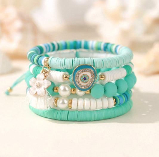 Türkis-Weiß Katsuki Armbandset – 5-teilig | Evil Eye Sommermix