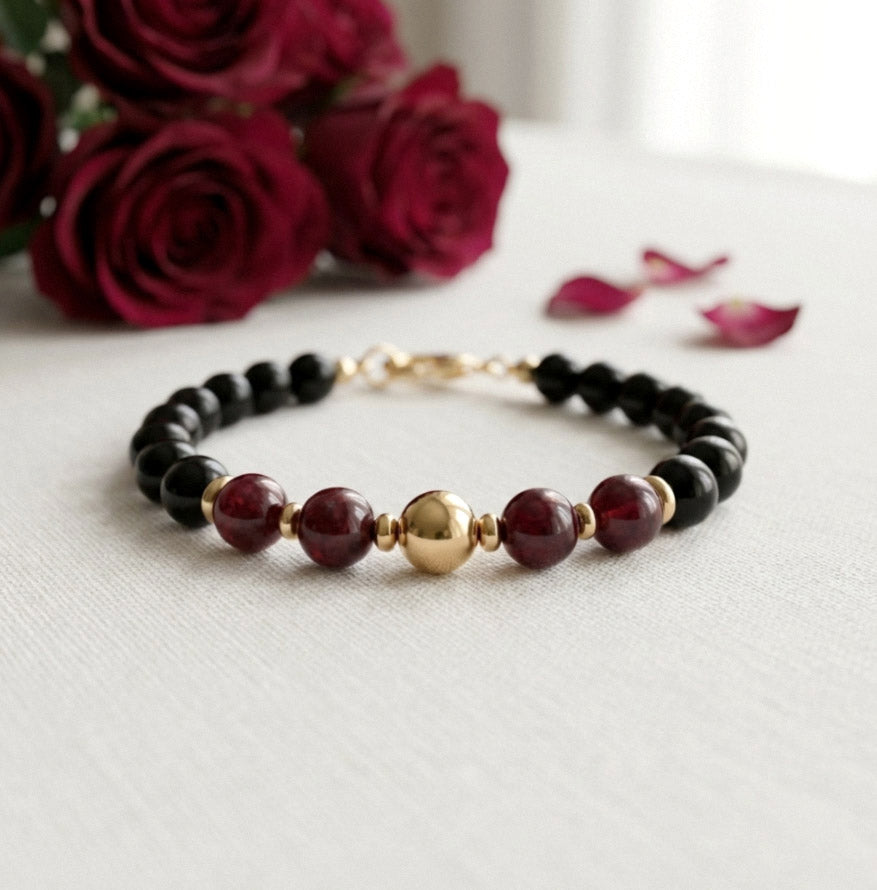 Garnet & Onyx Naturstein Perlenarmband – Handgemachtes Unikat