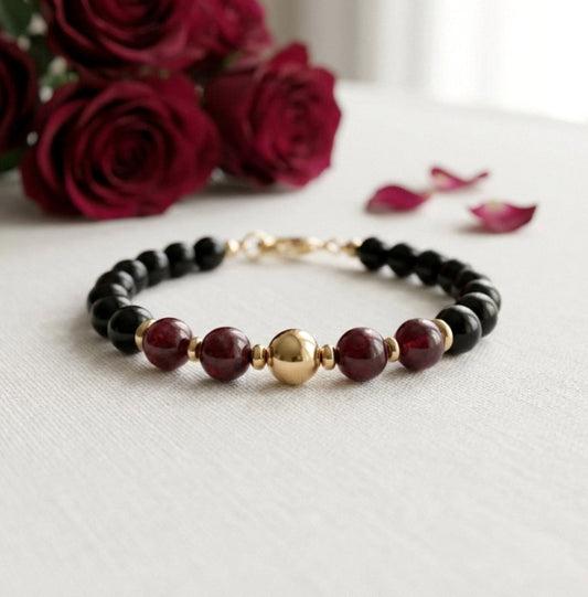 Garnet & Onyx Naturstein Perlenarmband – Handgemachtes Unikat