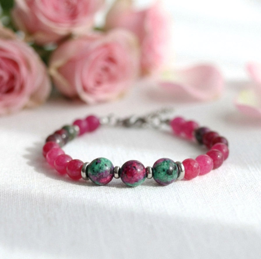 Rubin-Zoisit Armband – Grün-Pink Naturstein Perlenarmband