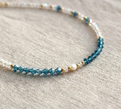 Blau-Kristall Perlenkette mit Süßwasserperle – Handgefertigt