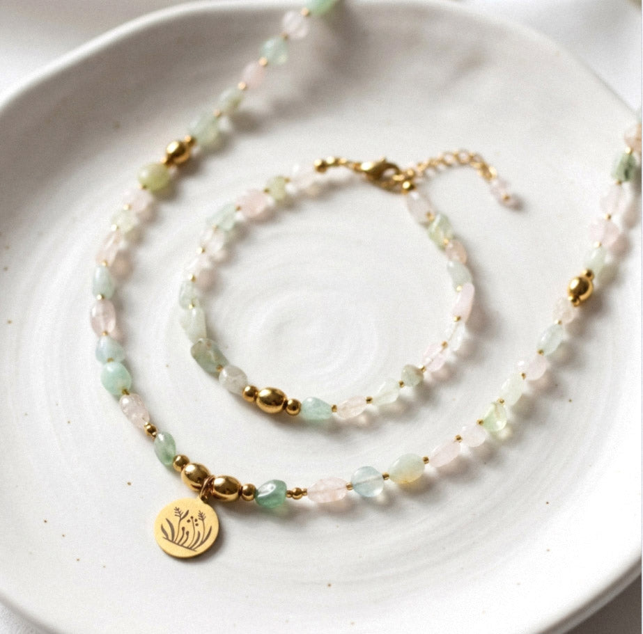 Morganit Naturstein Perlen Schmuckset – Perlenkette & Armband - Handgefertigt