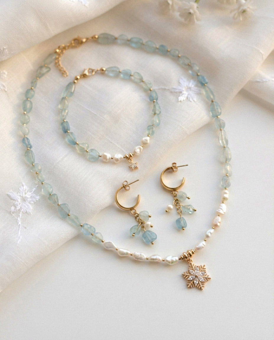 Aquamarin & Süßwasserperlen Schmuckset mit Zirkonia – Handgefertigt