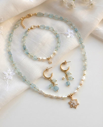 Aquamarin & Süßwasserperlen Schmuckset mit Zirkonia – Handgefertigt