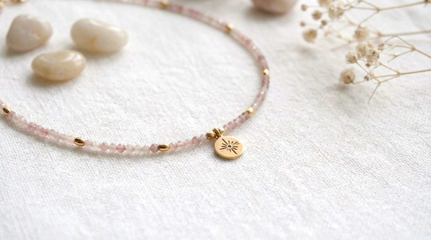 Rosenquarz Naturstein Perlenhalskette – Handgefertigt