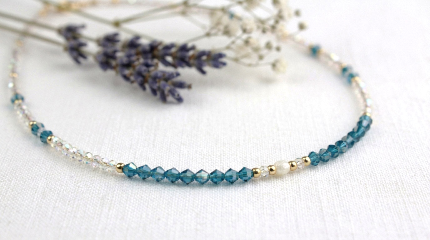 Blau-Kristall Perlenkette mit Süßwasserperle – Handgefertigt