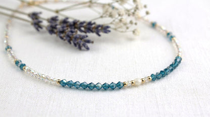 Blau-Kristall Perlenkette mit Süßwasserperle – Handgefertigt