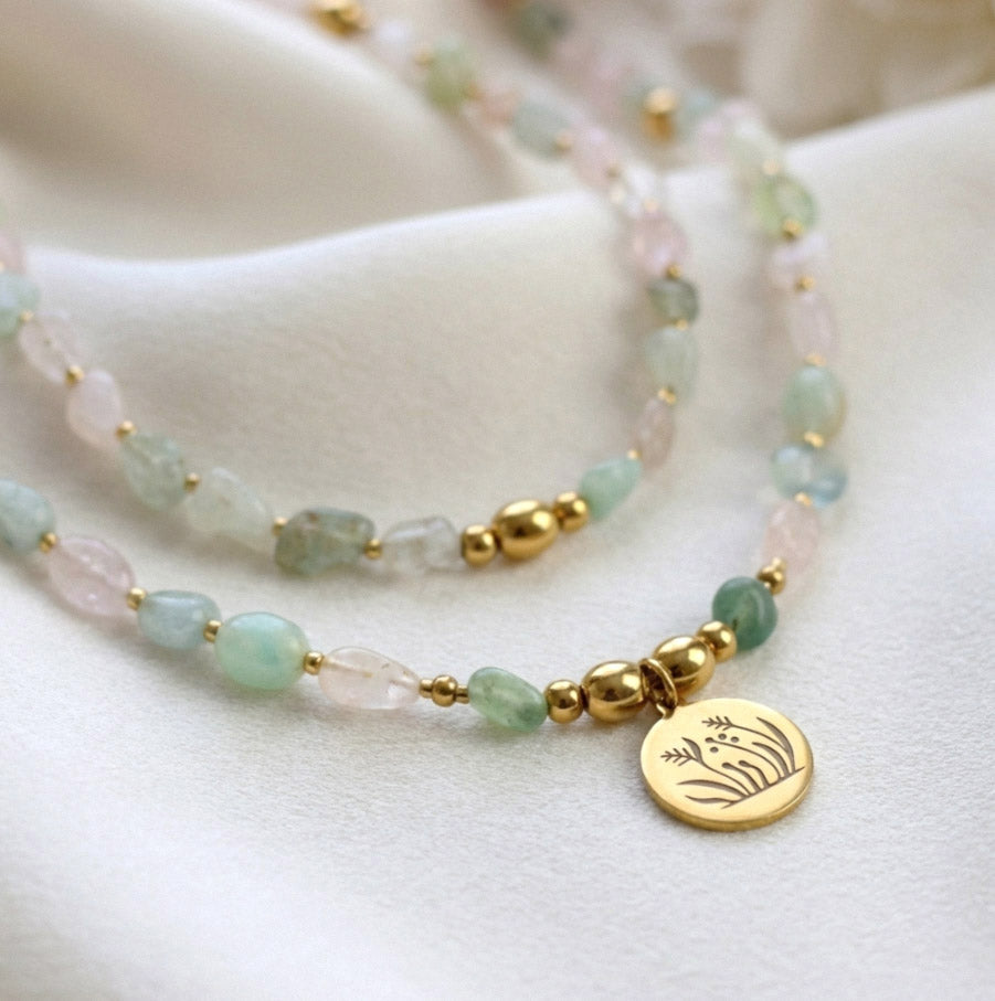 Morganit Naturstein Perlen Schmuckset – Perlenkette & Armband - Handgefertigt