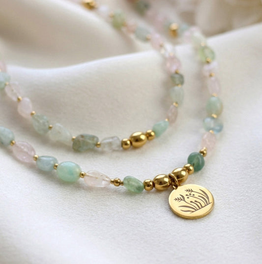 Morganit Naturstein Perlen Schmuckset – Perlenkette & Armband - Handgefertigt