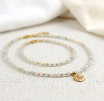 Morganit Naturstein Schmuckset – Perlenkette & Armband | Handgefertigt