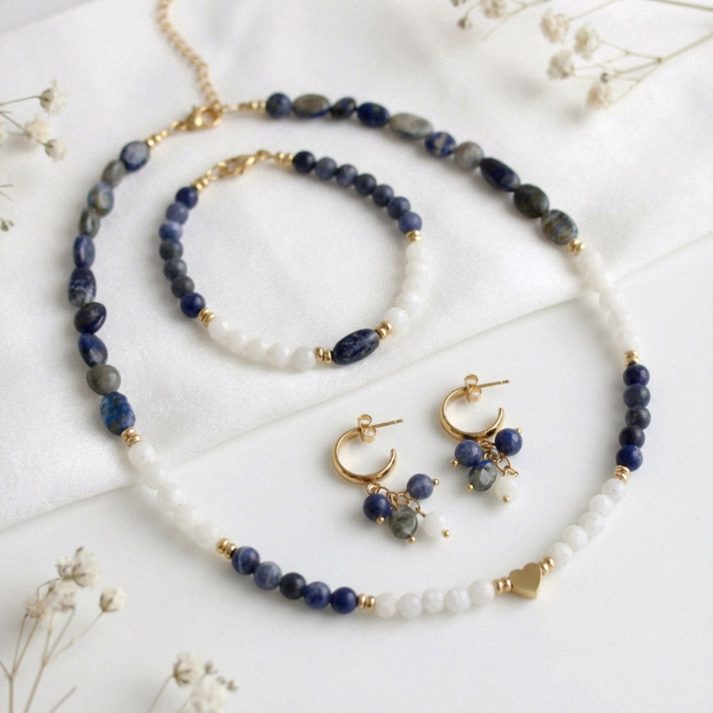 Lapislazuli Naturstein Schmuckset – Perlenkette, Armband & Ohrringe | Handgefertigt