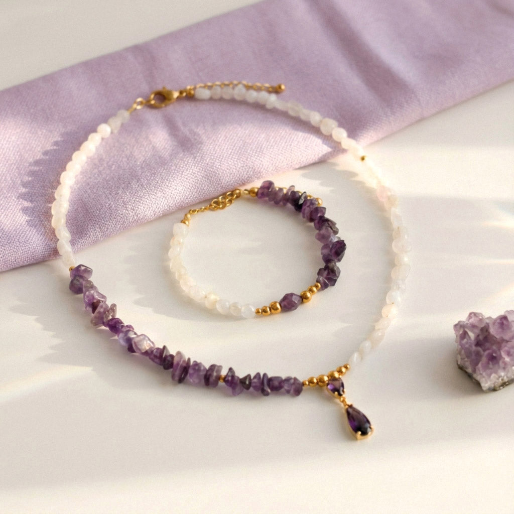 Amethyst und Quarz Schmuckset – Halskette, Armband & Ohrringe -  Handgefertigt