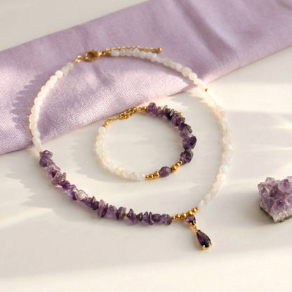 Amethyst und Quarz Schmuckset – Halskette, Armband & Ohrringe -  Handgefertigt