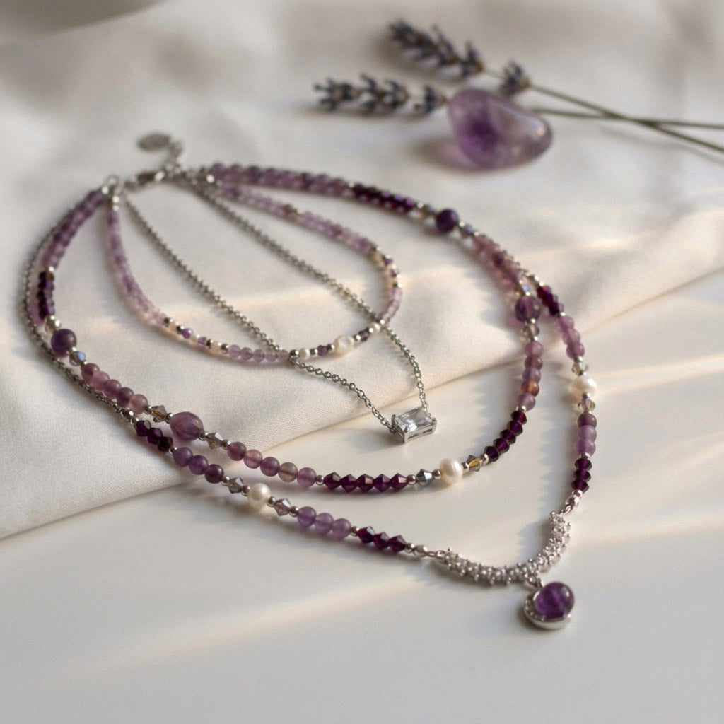 Amethyst & Süßwasserperlen Layering Schmuckset – Handgefertigt