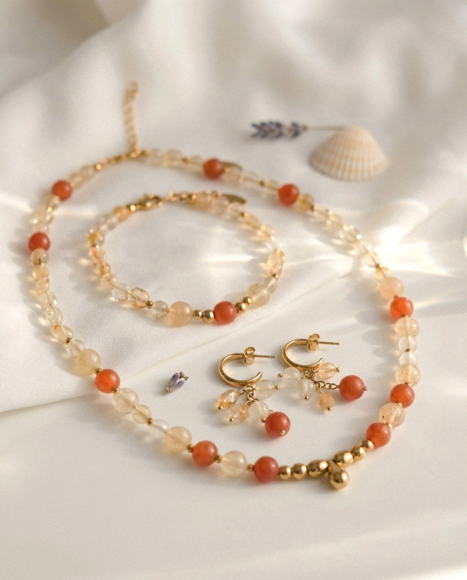 Sonnenstein Naturstein Schmuckset – Kette, Armband & Ohrringe | Handgefertigt