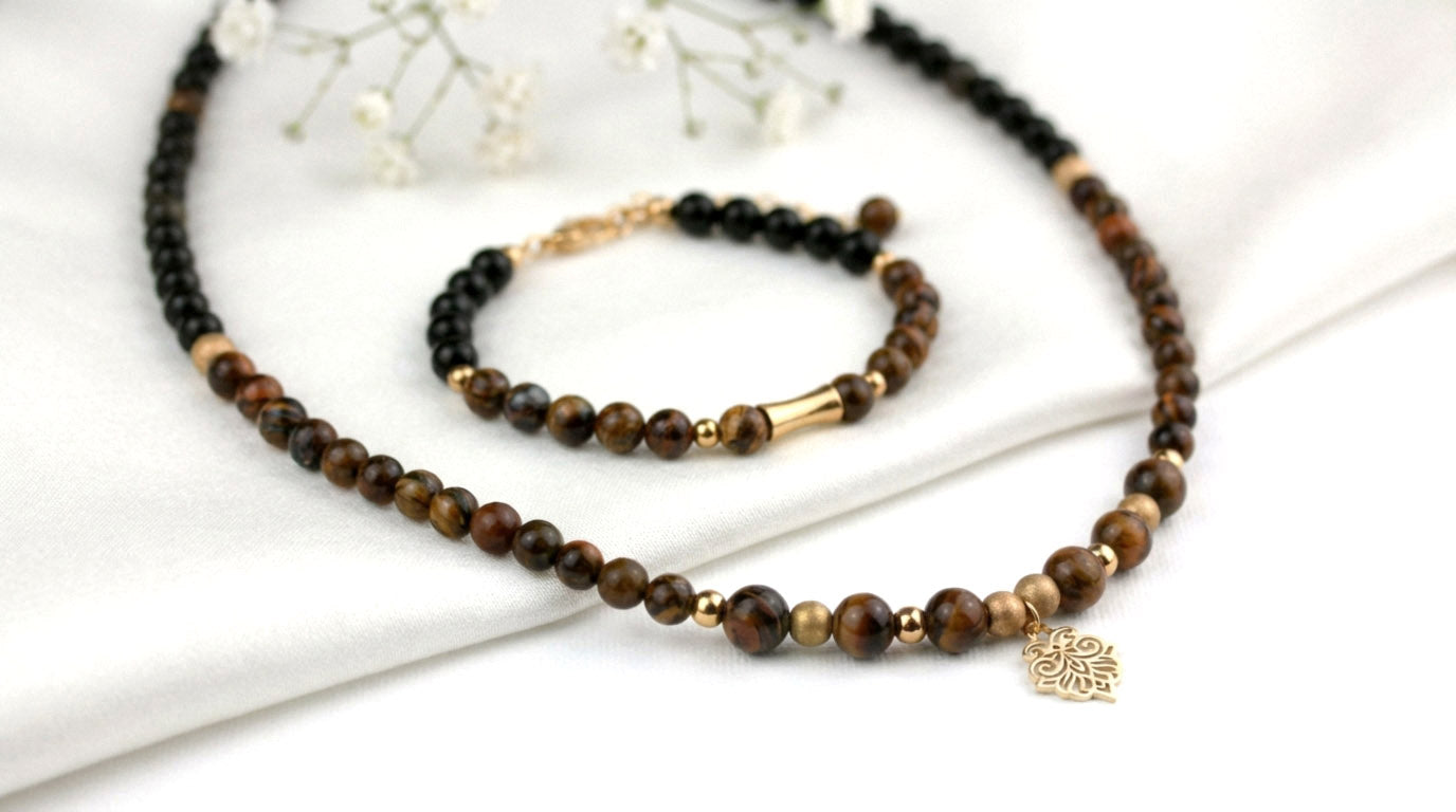 Schmuckset Tigerauge & Gold-Obsidian - Kette & Armband