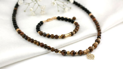 Schmuckset Tigerauge & Gold-Obsidian - Kette & Armband