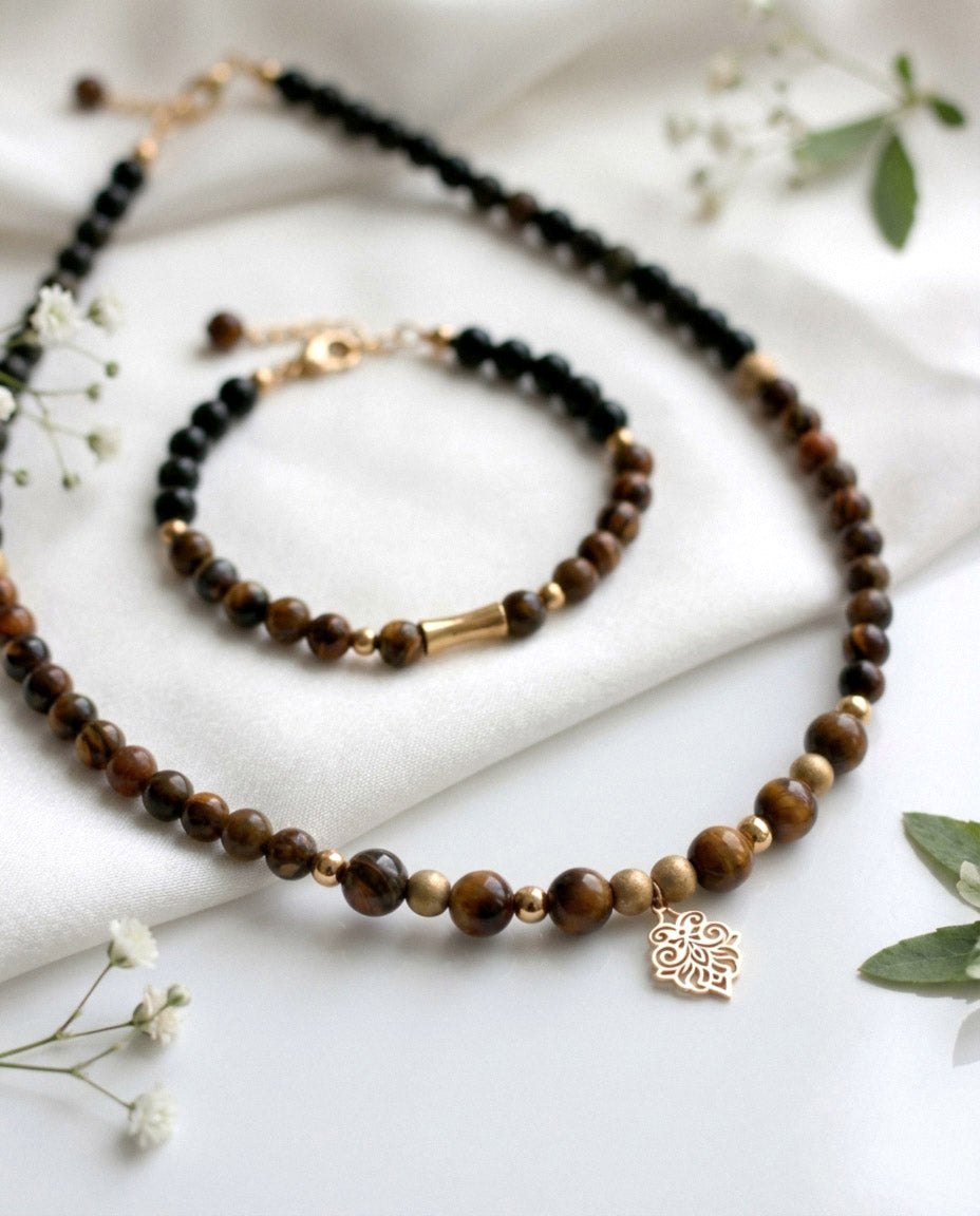 Schmuckset Tigerauge & Gold-Obsidian - Kette & Armband
