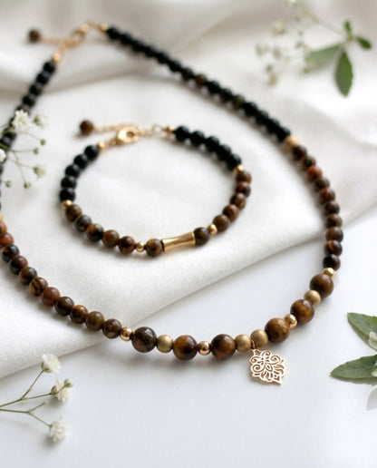 Schmuckset Tigerauge & Gold-Obsidian - Kette & Armband