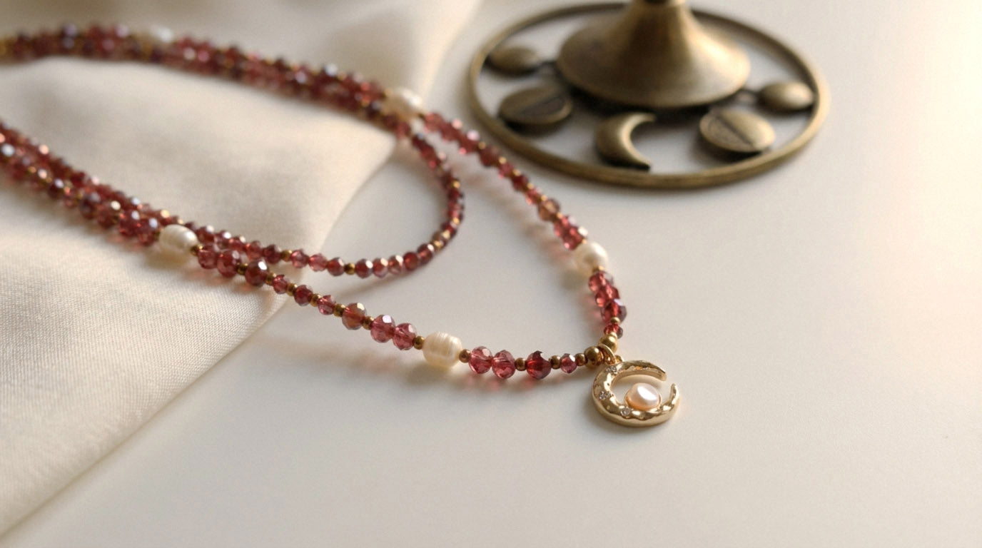 Layering Schmuckset – Kristall & Süßwasserperlen Halskette mit Mondanhänger | Handgefertigt