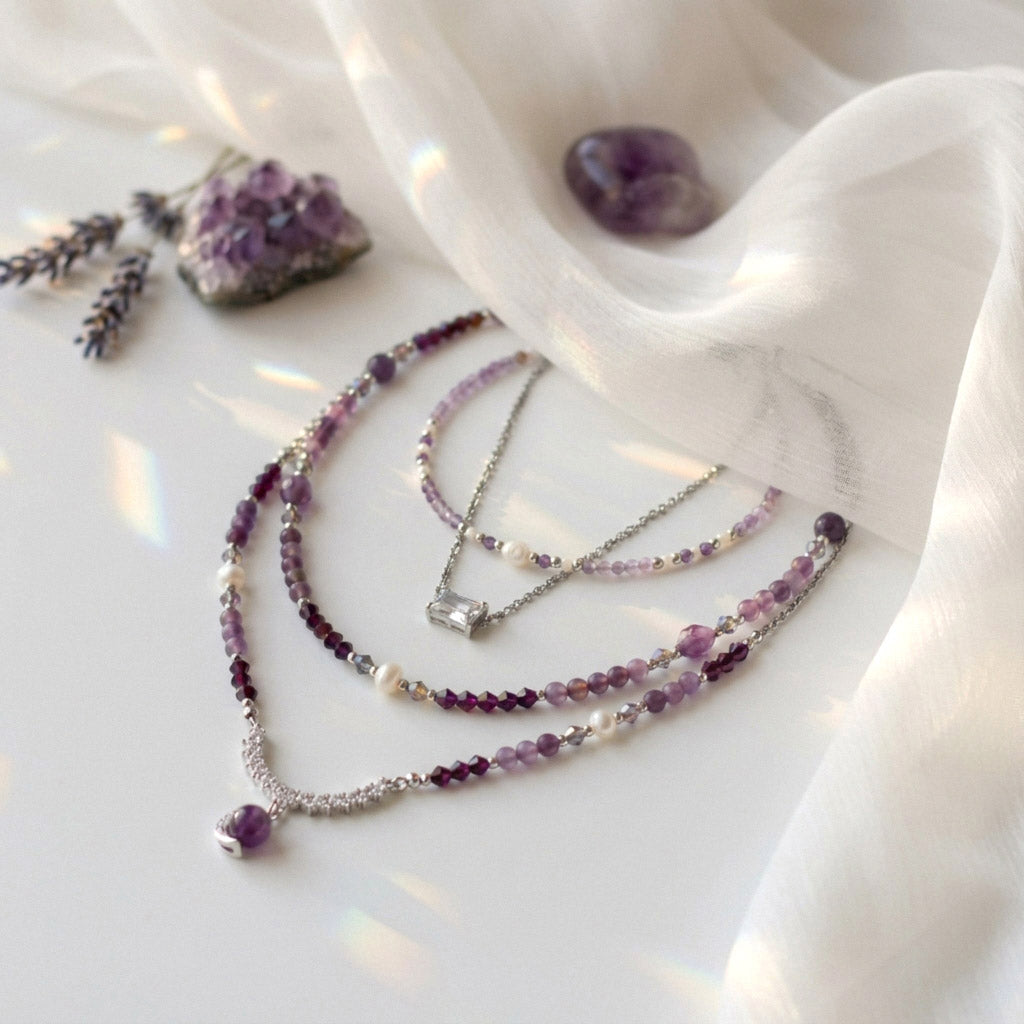 Amethyst & Süßwasserperlen Layering Schmuckset – Handgefertigt
