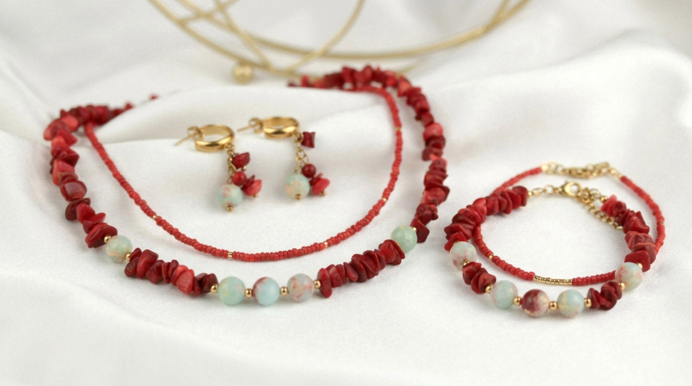 Layering Korallen Perlen Schmuckset – Kette, Armband & Ohrringe | Handgefertigt