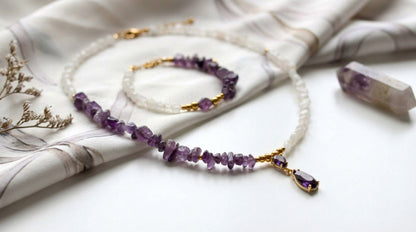 Amethyst und Quarz Schmuckset – Halskette, Armband & Ohrringe -  Handgefertigt