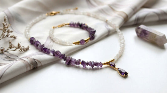 Amethyst und Quarz Schmuckset – Halskette, Armband & Ohrringe -  Handgefertigt