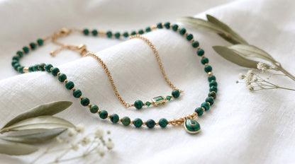 Malachit Naturstein Schmuckset – Perlenkette & Armband - Handgefertigt