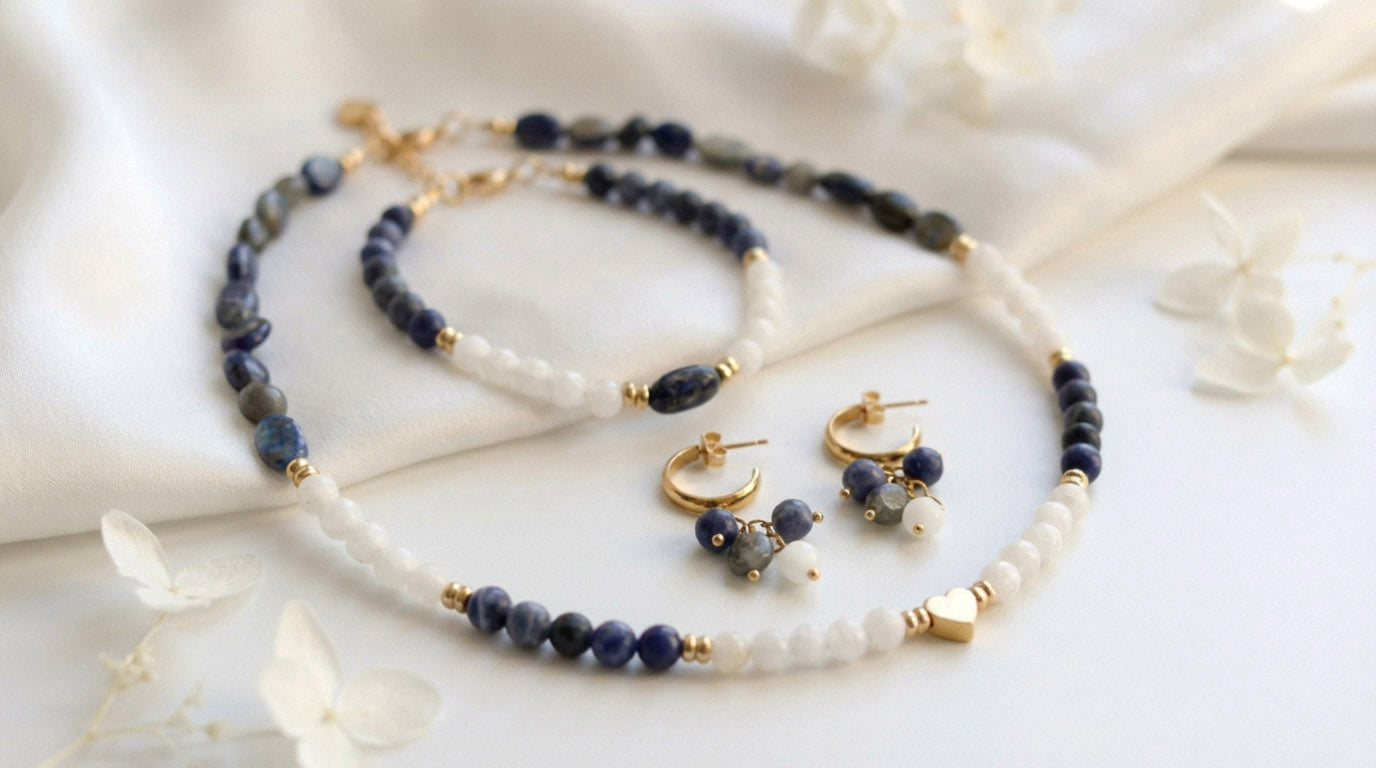 Lapislazuli Naturstein Schmuckset – Perlenkette, Armband & Ohrringe | Handgefertigt