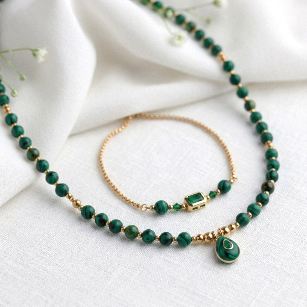 Malachit Naturstein Schmuckset – Perlenkette & Armband - Handgefertigt