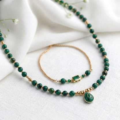 Malachit Naturstein Schmuckset – Perlenkette & Armband - Handgefertigt