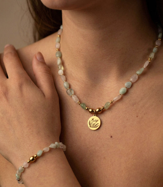 Morganit Naturstein Perlen Schmuckset – Perlenkette & Armband - Handgefertigt