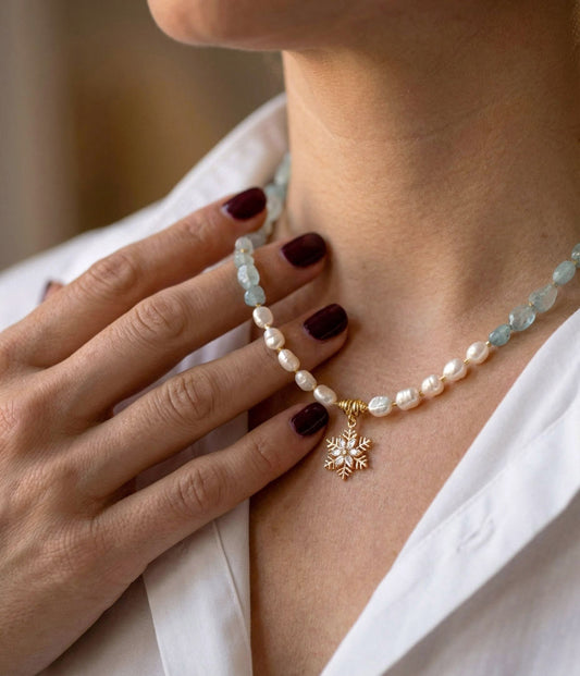 Aquamarin & Süßwasserperlen Schmuckset mit Zirkonia – Handgefertigt