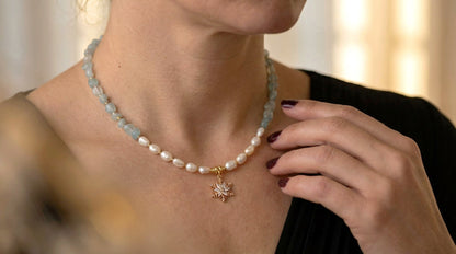 Aquamarin & Süßwasserperlen Schmuckset mit Zirkonia – Handgefertigt