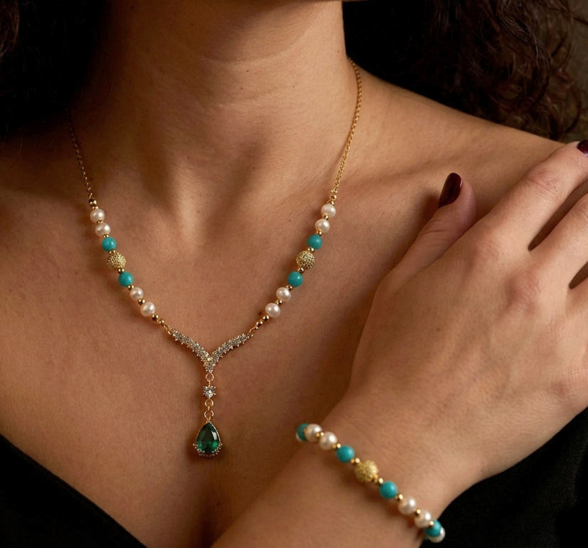 Schmuckset – Amazonit Süßwasserperle – Kette & Armband