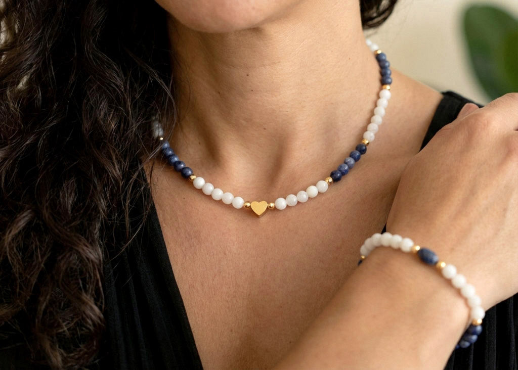 Lapislazuli Naturstein Schmuckset – Perlenkette, Armband & Ohrringe | Handgefertigt