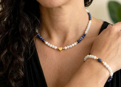 Lapislazuli Naturstein Schmuckset – Perlenkette, Armband & Ohrringe | Handgefertigt