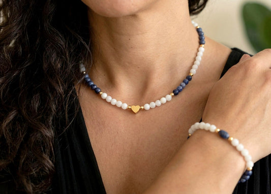 Lapislazuli Naturstein Schmuckset – Perlenkette, Armband & Ohrringe | Handgefertigt