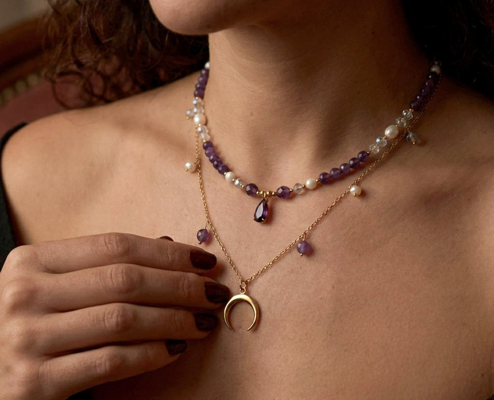 Mondzauber – Doppellayer Amethyst & Mond Anhänger Halskettenset