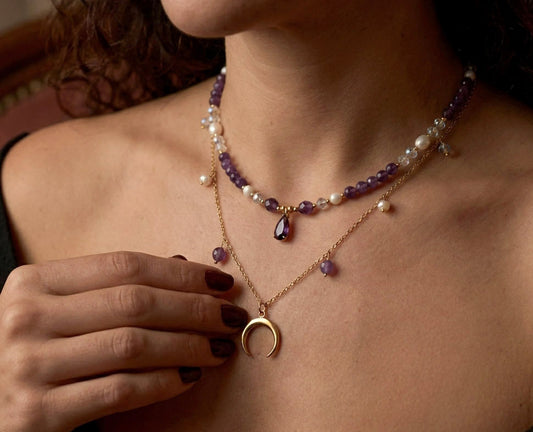 Mondzauber – Doppellayer Amethyst & Mond Anhänger Halskettenset
