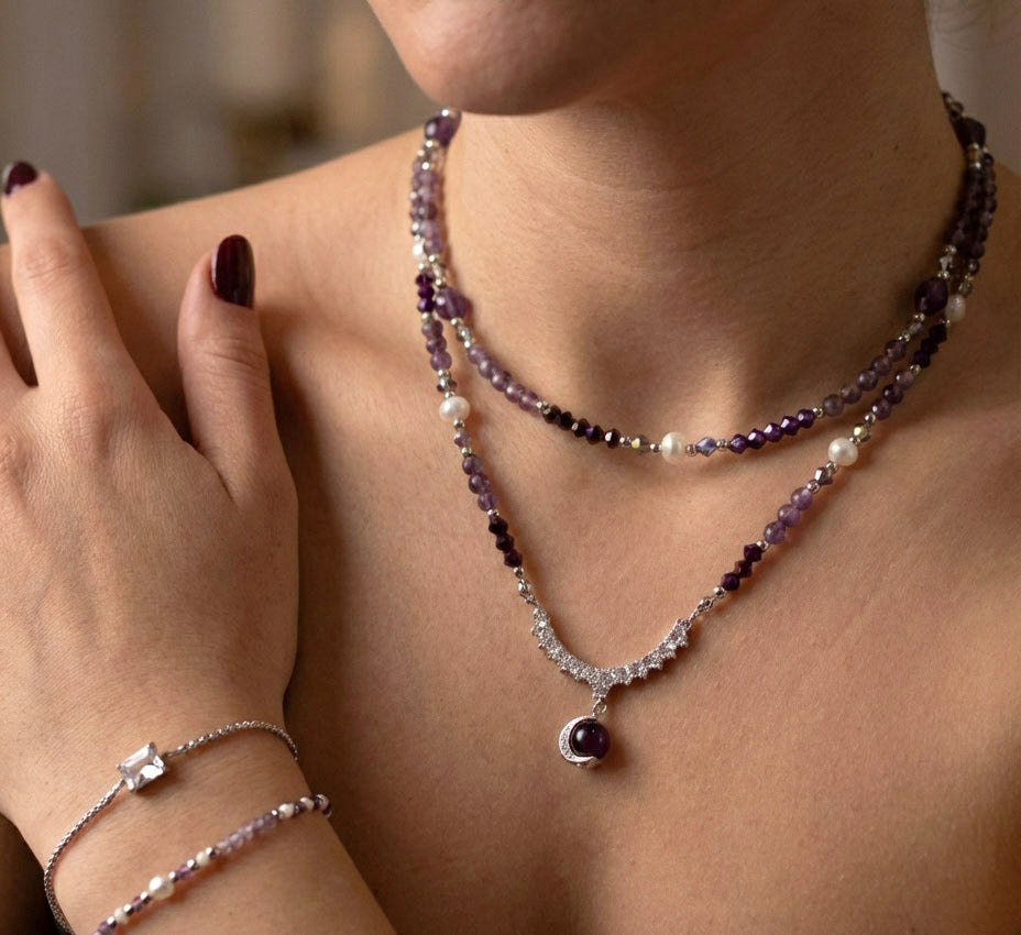 Amethyst & Süßwasserperlen Layering Schmuckset – Handgefertigt
