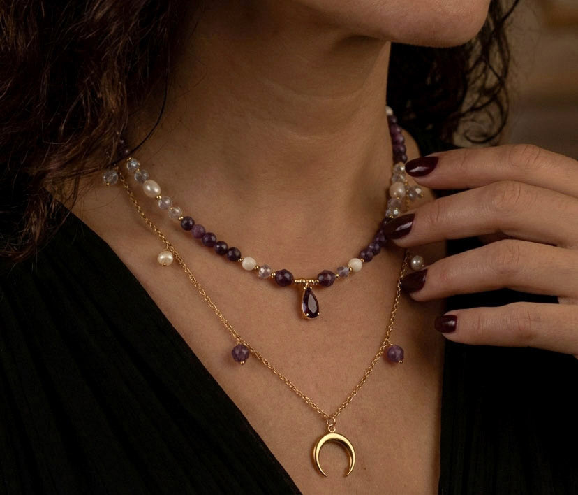 Mondzauber – Doppellayer Amethyst & Mond Anhänger Halskettenset
