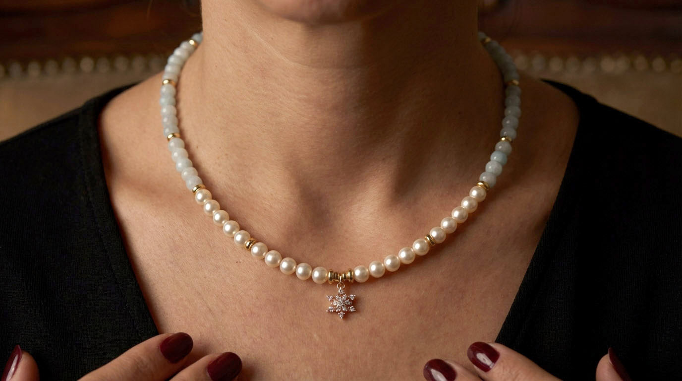 Aquamarin Perlenhalskette mit Schneeflocken-Anhänger – Handgefertigter Natursteinschmuck